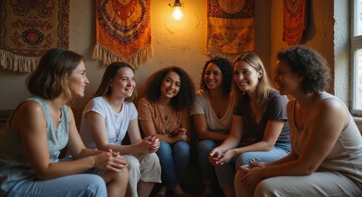 Een diverse groep vrouwen geniet van een intieme bijeenkomst.