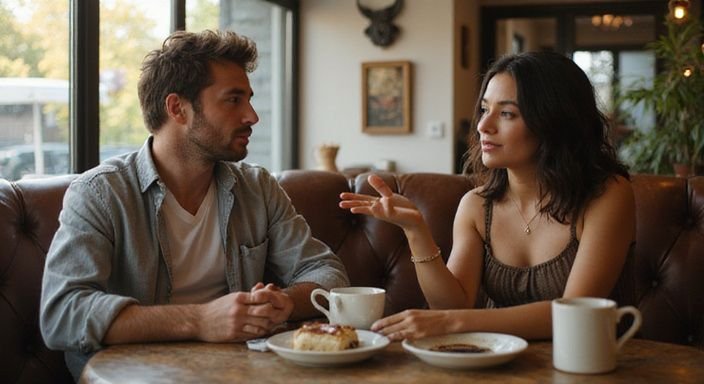 Een man en vrouw hebben een gepassioneerd gesprek over getinte vrouwen sexcontact in een café.