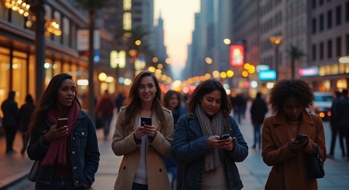 Een diverse groep vrouwen interacteert levendig op een drukke stadsstraat.