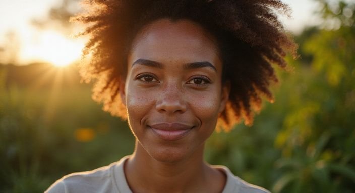 Een vrouw met een warme glimlach en gedefinieerde krullen.