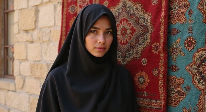 Vrouw in traditionele abaya in een authentieke, culturele omgeving.