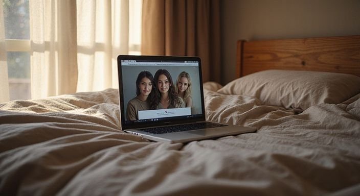 Een bed met een laptop die een datingwebsite toont.