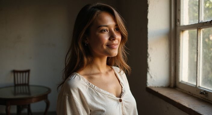 Een jonge vrouw met een serene glimlach in een eenvoudige ruimte.