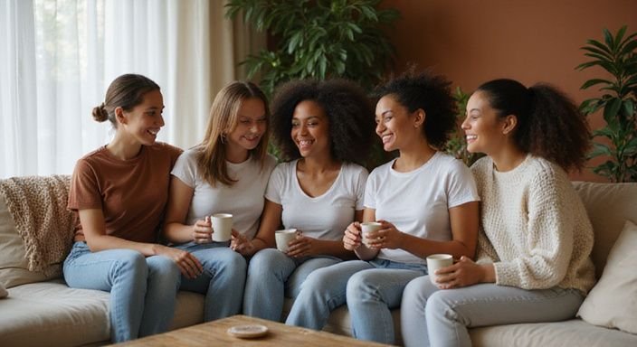 Vijf jonge vrouwen zitten lachend op een comfortabele bank en willen getinte vrouwen sexcontact.