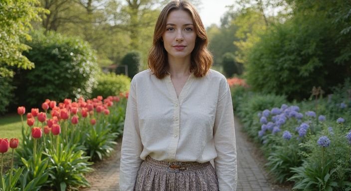Een vrouw in een serene tuin met kleurrijke bloemen en natuur.