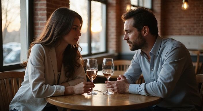 Een vrouw en man delen een intiem moment tijdens man zoekt vrouw voor sexcontact in een café.