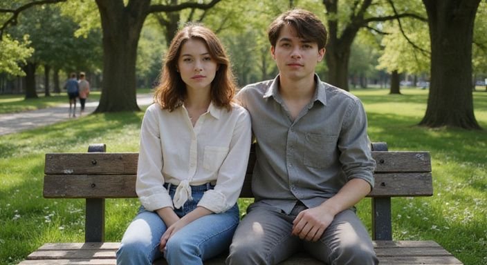 Twee tieners zitten samen op een parkbank in de natuur.