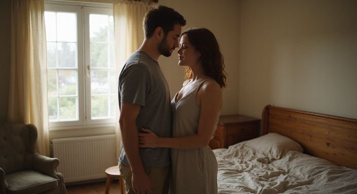 man zoekt vrouw voor sexcontact: Een stel in een slaapkamer deelt een intieme, rustige moment.