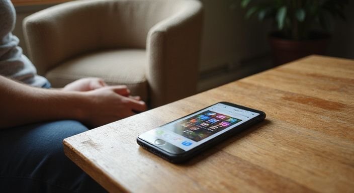 Een smartphone op een houten tafel met dating app interfaces.