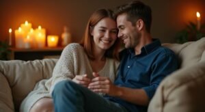 Een jongeman en vrouw zitten op een bank en converseren warm