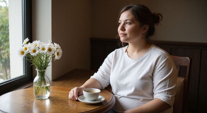 Een plus-size vrouw geniet van koffie in een gezellige cafe. Een plus-size vrouw geniet van koffie in een gezellige cafe en wil een sexdate met mollige volslanke vrouwen