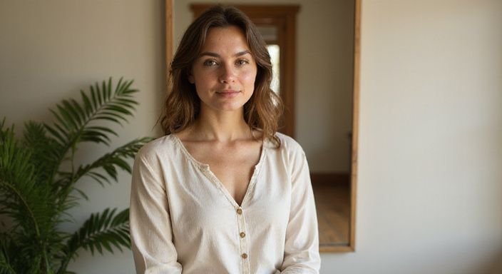 Vrouw in een crème blouse met een zelfverzekerde houding voor een spiegel. Vrouw in een crème blouse met een zelfverzekerde houding voor een spiegel.