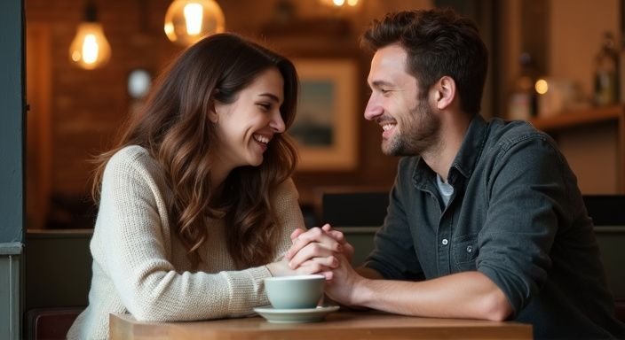 Een jong stel lacht samen in een gezellig café. Een jong stel lacht samen in een gezellig café.