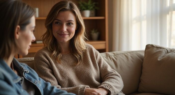 Een vrouw in een comfortabele setting met een warme uitstraling. Een vrouw in een comfortabele setting met een warme uitstraling.