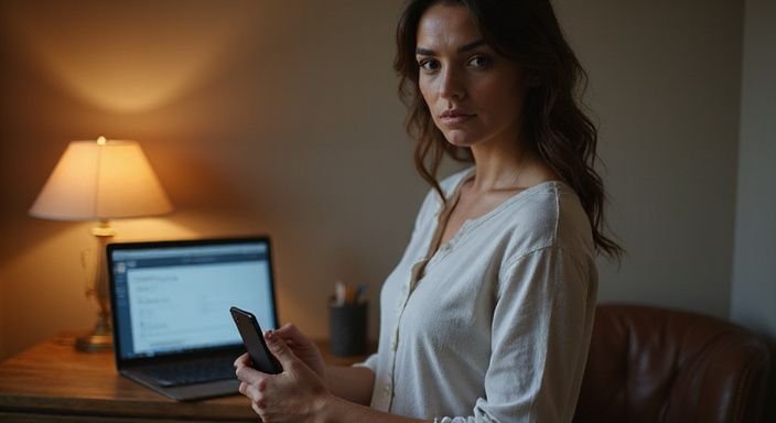 Een vrouw met een smartphone kijkt contemplatief naar een datingplatform. Een vrouw met een smartphone kijkt contemplatief naar een datingplatform.