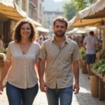 Een stel geniet van een levendige boerenmarkt met versproducten