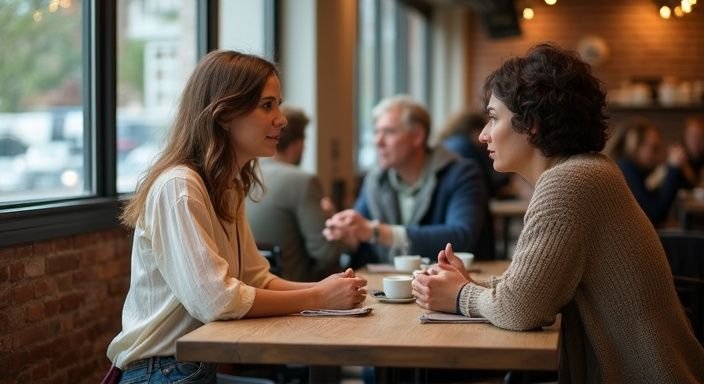 Een vrouw en man delen een intiem gesprek in een sfeervol café. Een vrouw en man delen een intiem gesprek in een sfeervol café.