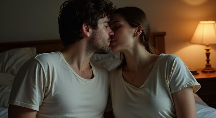 Een jong stel deelt een tedere kus in een slaapkamer. Een jong stel deelt een tedere kus in een slaapkamer tijdens een sexdate met mollige volslanke vrouwen