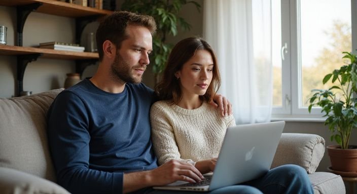 Een man en vrouw zitten samen op een bank met een laptop.