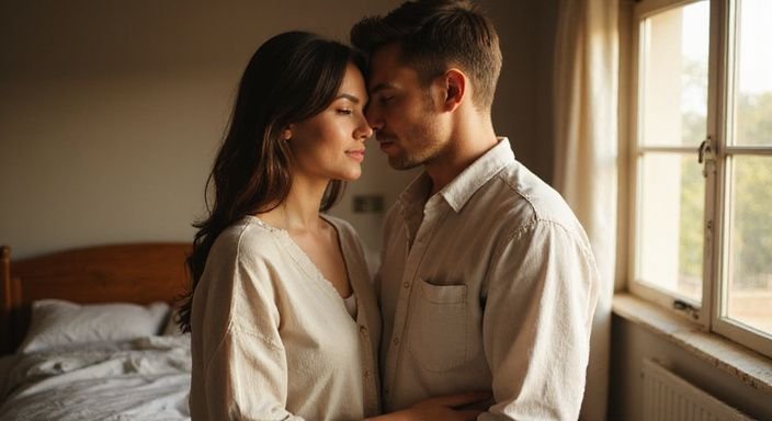 Stellen zoeken een sexpartner: Een man en vrouw staan intiem samen in een slaapkamer.