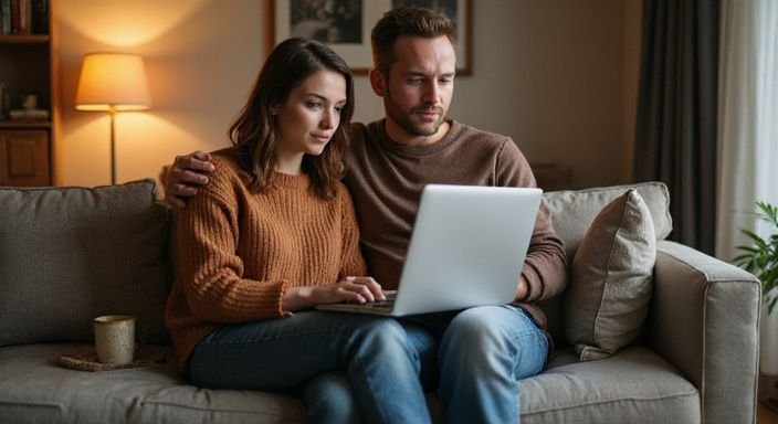 Een vrouw en man bespreken iets op een laptop op de bank.