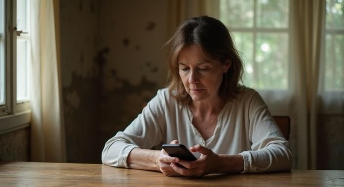 Een middelbare vrouw typt aandachtig op haar smartphone aan tafel.