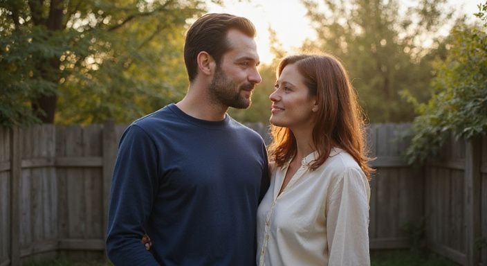 Stellen zoeken een sexpartner: Een man en vrouw staan samen in een rustige achtertuin.