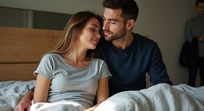 Een stel zit intiem op bed in een bescheiden slaapkamer.