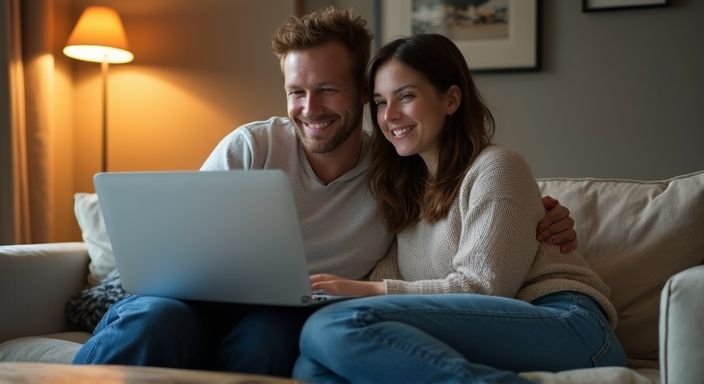 Stellen zoeken een sexpartner: Een stel geniet van een ontspannen moment op hun bank.