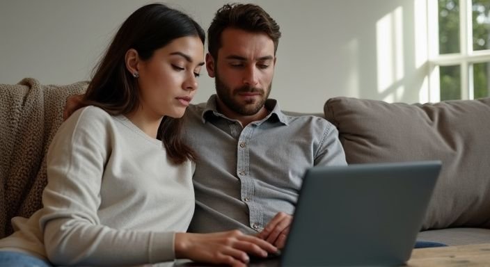 Een man en vrouw bespreken datingprofielen voor Stellen zoeken een sexpartner op een laptop op de bank.