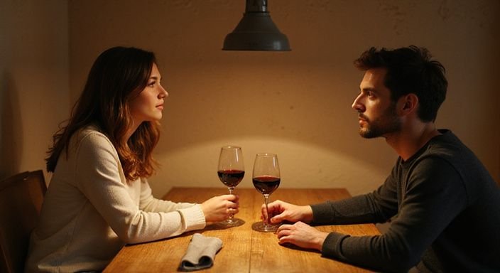 Een man en een vrouw hebben een intieme conversatie over swingers en partnerruil aan tafel