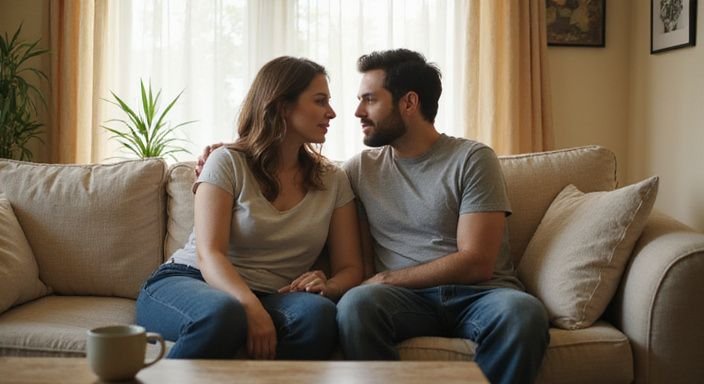 Een stel in gesprek over persoonlijke grenzen in hun relatie. Een stel in gesprek over persoonlijke grenzen in hun relatie.