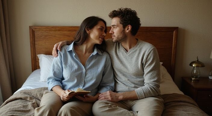 Twee stellen ontspannen samen op een bed in een slaapkamer. Twee stellen ontspannen samen op een bed in een slaapkamer.