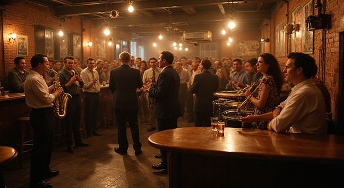 Een levendige jazzclub uit de jaren 40 met dansende mensen. Een levendige jazzclub uit de jaren 40 met dansende mensen.