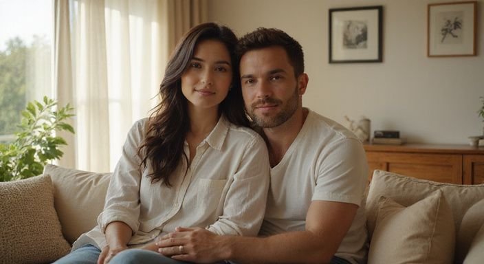 Een man en vrouw zitten intiem samen op een bank. Een man en vrouw zitten intiem samen op een bank.