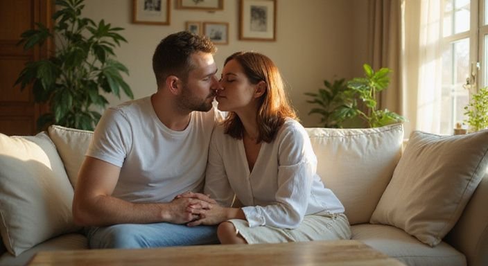 Een stel deelt een tedere kus op een comfortabele bank. Een stel deelt een tedere kus op een comfortabele bank.
