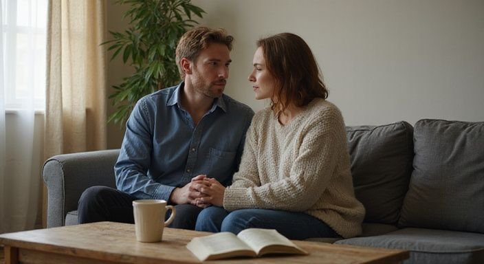 Een man en vrouw voeren een serieuze gesprek op de bank. Een man en vrouw voeren een serieuze gesprek over swingers en partnerruil op de bank.