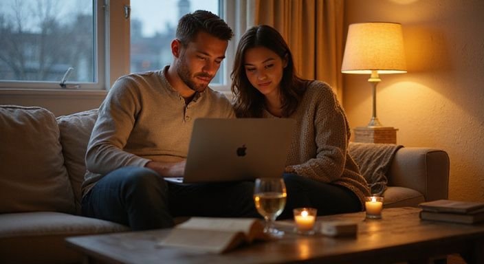 Een koppel geniet van een intiem moment met een laptop. Een koppel geniet van een intiem moment met een laptop.