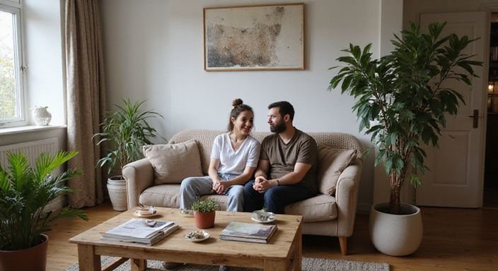 Een intieme woonkamer met een man en vrouw in gesprek. Een intieme woonkamer met een man en vrouw in gesprek over swingers en partnerruil.