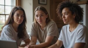 Groep transgender modellen in gesprek tijdens een webcam sessie