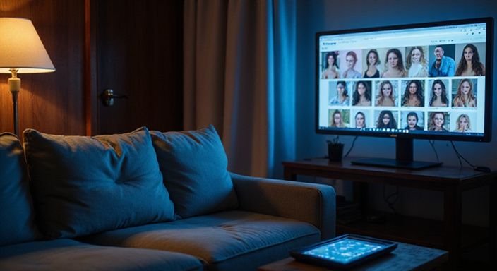 Een kamer met een computer met trans webcamsex profielen en een comfortabele bank.