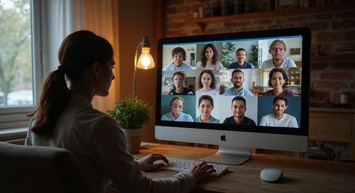 Videogesprek met diverse deelnemers in een gezellige kamersfeer.