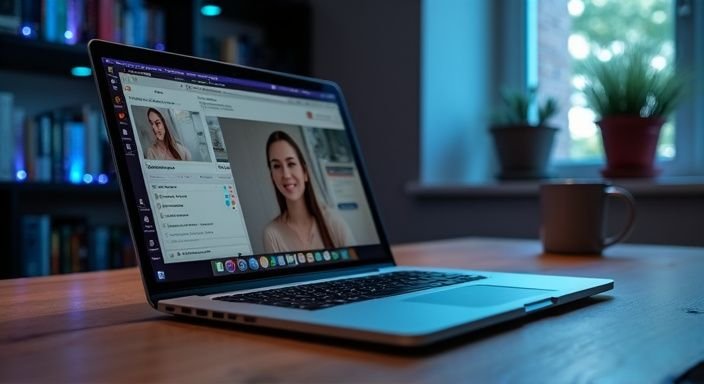 Een open laptop met verschillende transgender webcamplatforms op een houten bureau.