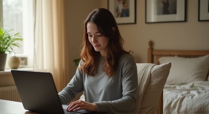 Een jonge vrouw zit op een armstoel met een laptop op zoek naar trans webcamsex.