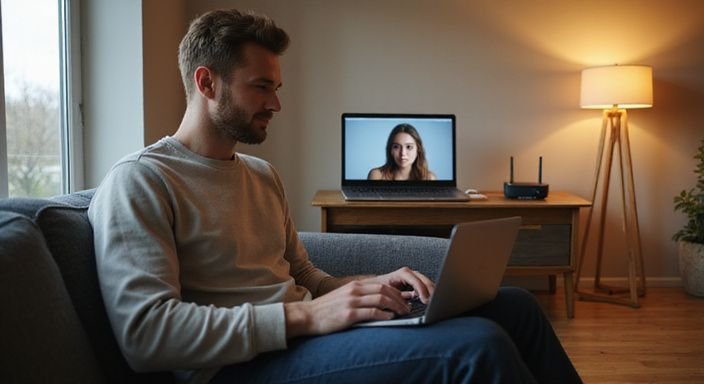 Een man zit ontspannen op een bank en typt op zijn laptop.