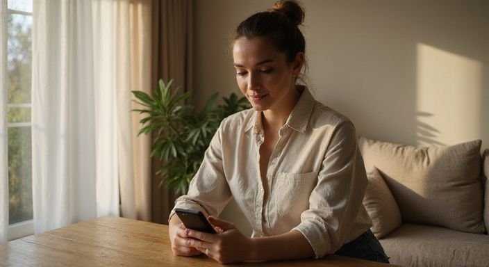 Een vrouw leest ontspannen op een houten tafel in haar woonkamer.