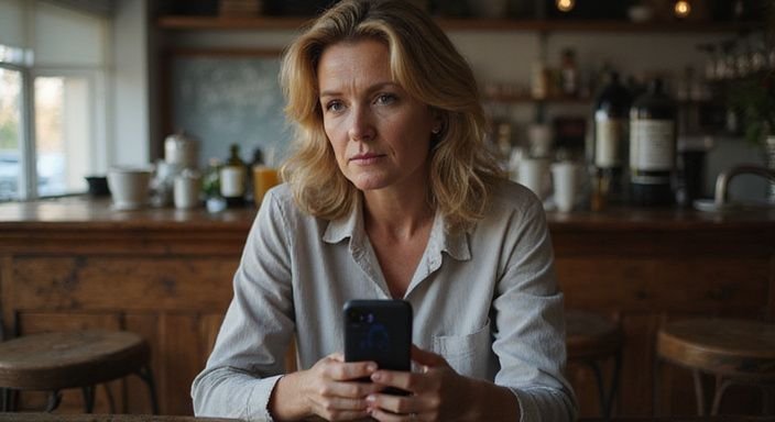 Een middelbare vrouw zit ontspannen aan de bar met een smartphone.