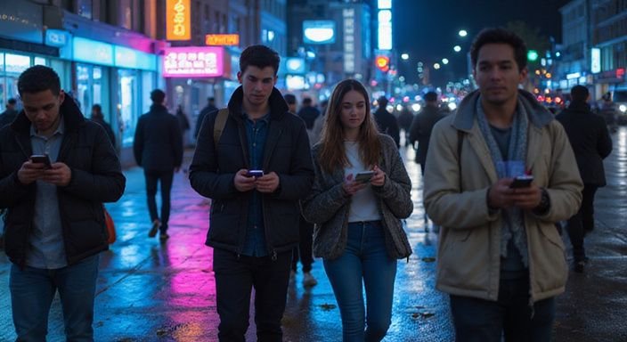 Drukke stadsstraat met mensen die op smartphones kijken.
