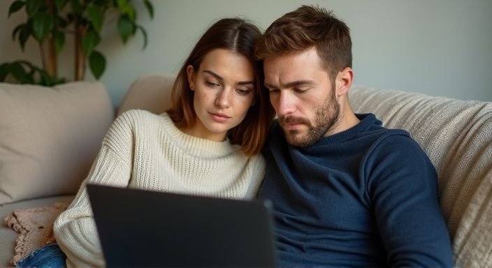 Een man en vrouw zitten samen op een bank met een laptop met advertenties voor vrouw zoekt man voor sexcontact.