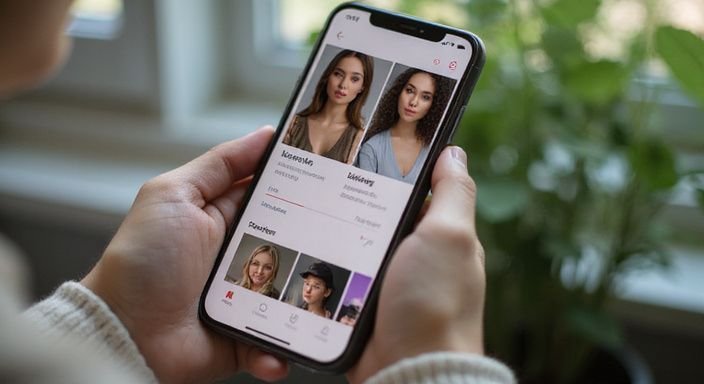 Een smartphone toont profielen voor vrouw zoekt man voor sexcontact op een moderne datingapp.